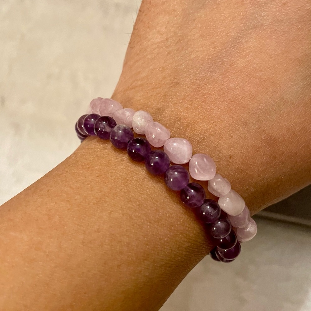 Set of TWO Gemstone Bracelets — Amethyst and Kunzite